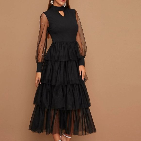 Black Preppy Womens Beaded Sheer Sleeve Layered Mesh Hem Peekaboo Dress - Picture 5 of 5